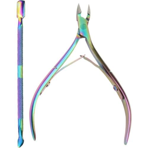 2Pcs/Set Nail Cuticle Nipper Double Spring Dead Skin Pusher Holographic Titanium Nail Art Manicure Pedicure Tools Kit