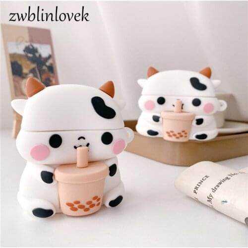 Cute for airpods 1 2 pro case cartoon 3d cow milk tea box soft silicone wireless bluetooth headset protect animal cover