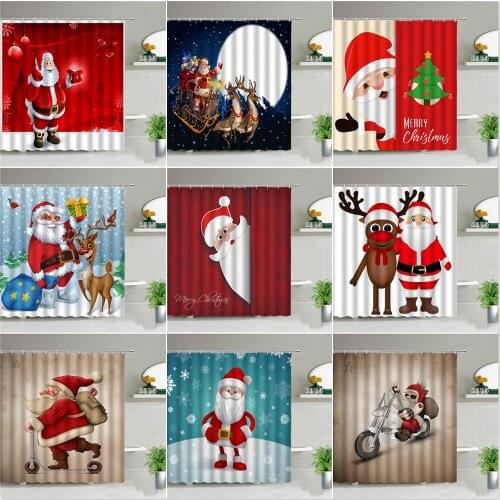 Santa Claus Christmas Shower Curtains Set Happy New Year Elk Red Luxury Polyester Bathroom Decor Background Wall Hanging Cloth