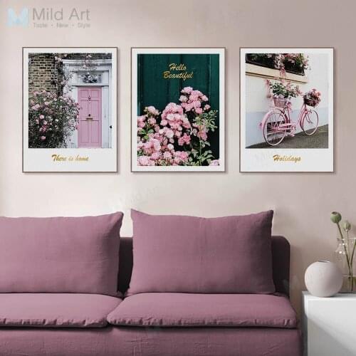 Pink Flowers Rose Floral Garden Bike Posters Prints Photo Nordic Style Living Room Wall Art Pictures Home Decor Canvas Paintings