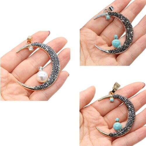 Natural Stone Pendant Moon Shape Reiki Healing Turquoises Pendant for Jewelry Making Earring Necklace 45x57mm