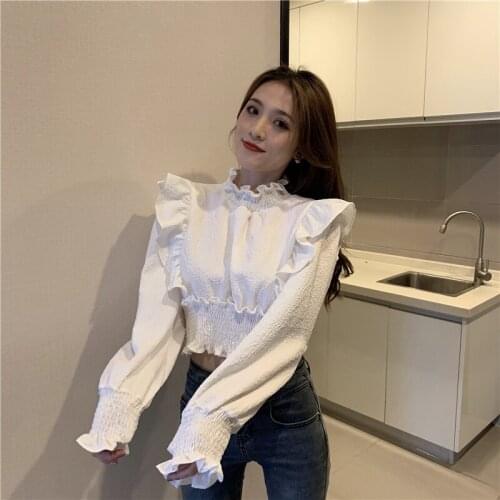 Spring and autumn new high-end western style thin ruffled short waist and age-reducing long-sleeved top