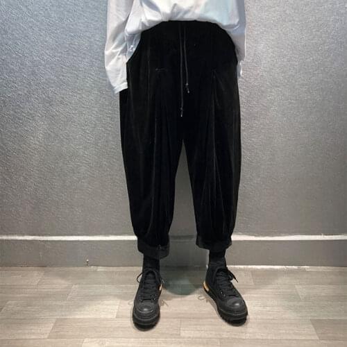 Autumn Japanese loose velvet thickened straight wide-leg pants mens dark wind elastic waist wild thin harem pants tide