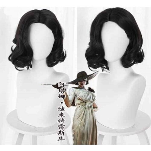 Lady Alcina Dimitrescu Cosplay Wig Evil Village Cosplay Headwear Short Black Curly Wig Halloween