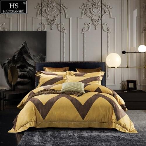 Geometry Big Stripes Design Gold Fabric 4Pieces Bedding Sets Digital Printing BedSheets Pillowcase Duvet Cover Queen King Size
