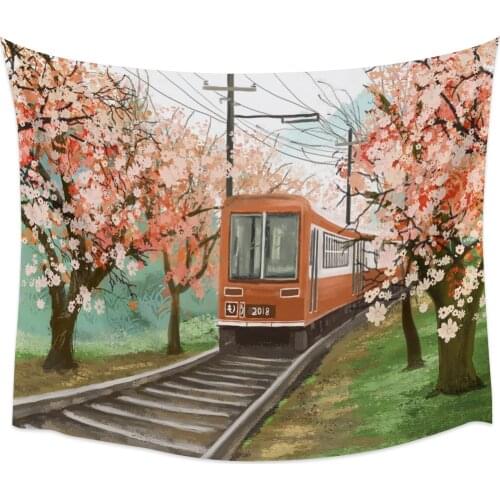 Train Cherry Blossom Watercolor Wall Tapestry Home Wall Decor Tapestry Cover Beach Towel Picnic Mat Yoga Mat