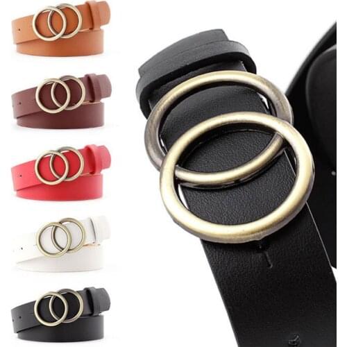 Women Fashion Big Double Ring Circle Metal Buckle Belt Faux Leather Adjustable Double Round Buckle Waist Belt Waistband for Jean