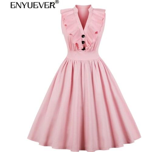 Enyuever Pink Women Dress Plus Size Autumn Clothes Sleeveless Cotton Ruffles V Neck Robe Pin Up Swing Elegant Casual Dresses