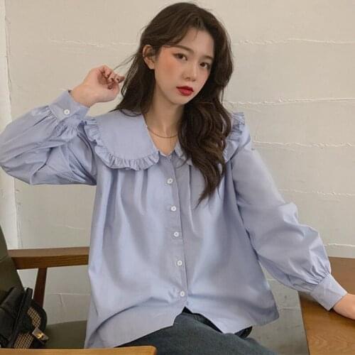 Shirts Women Long Sleeve Ruffle Korean Preppy Style Sweet Spring Solid Casual Blouses All-match Mujer Ropa Retro Female Clothing