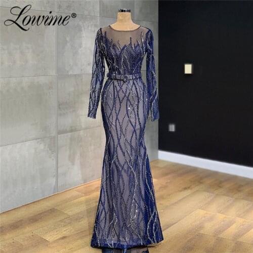 Blue Evening Dress Mermaid Party Gown With Beaded 2020 Long Sleeves Dubai Formal Evening Wear Arabic Prom Dresses Robes Vestidos