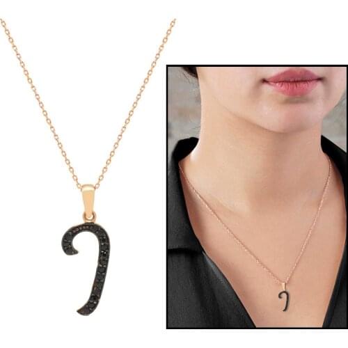 Tesbihane 3D Design Black Zircon Stone 925 Sterling Silver Handwriting Letter Necklace "I"
