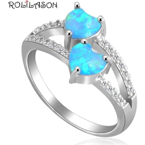 Anniversary gift for women Two hearts Blue Fire Opal silver plated Stamped Jewelry Rings USA #6#7#7.5#8#8.5#9 OR706