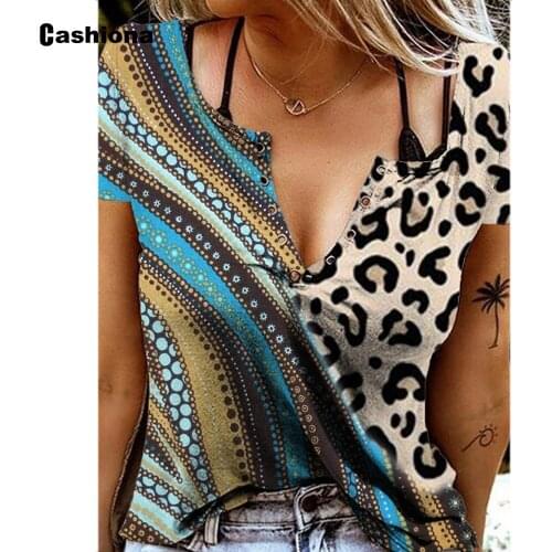 Plus size 3xl Ladies Elegant Sleeveless T-shirt Patchwork Leopard Print Womens Top 2021 Summer Casual V-neck Tees shirt Femme