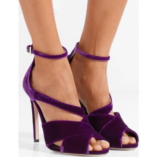Moraima Snc Peep Toe Purple Velvet Ankle Strap High Heel Sandals Summer Ankle Strap Thin Heels Woman Shoes Sexy Cutouts Sandals