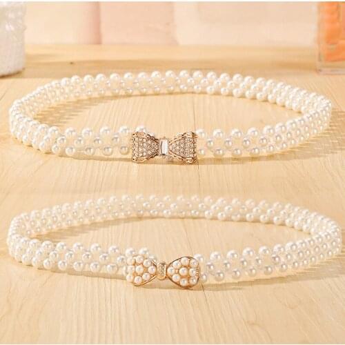 Korean Handmade Beaded womens small belt Bow Elastic Waist Chain skirt decorative belt women