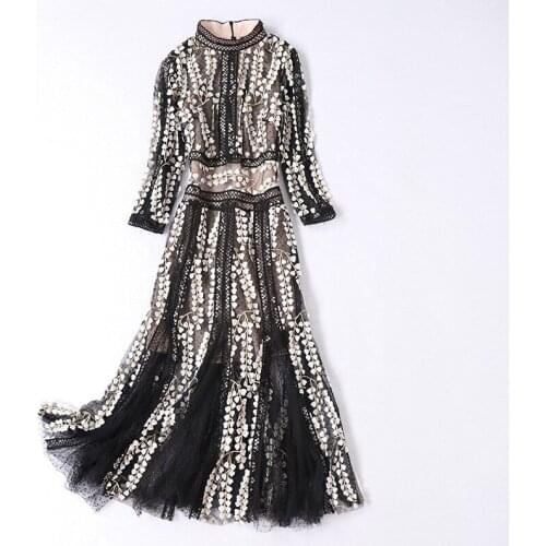 2019 autumn fashion elegant long dress women lace patchwork Embroidery dresses three quarter sleeve stand collar Dress