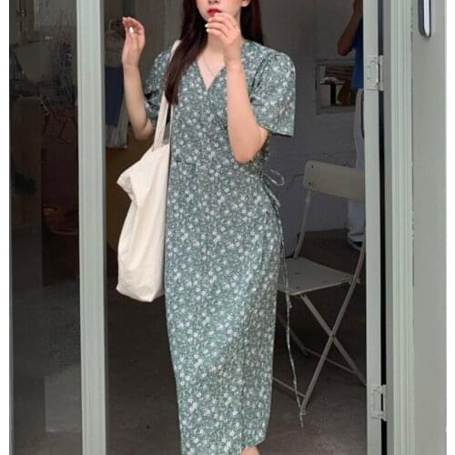2021 New Women Summer Vintage Elegant Long Floral Wrapped Dress V Neck Slim Fit Maxi Sundress