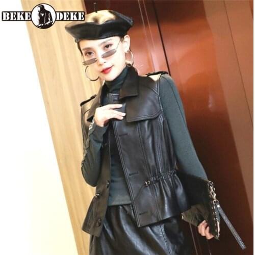 Black Sheepskin Vests Ladies Lapel Single-Breasted Elastic Drawstring Fit Real Leather Waistcoat Autumn Winter Sleeveless Jacket