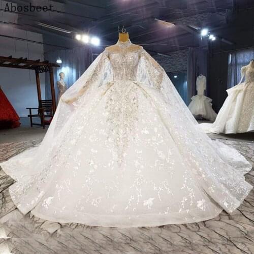 Ball Gown Wedding Dress Lace with Shawl Plus Size Wedding Gown for Bridal 2021 with Long Tail High Collar