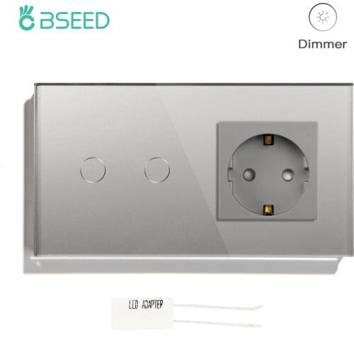 BSEED EU Standard Touch Dimmer 1/2Gang 1Way Led Light Switch Dimmer With Wall Power Socket 16A Dark Backlight Glass Panel
