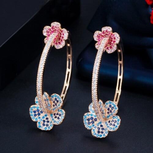 Designer Elegant Micro Pave Blue Red CZ Light Gold Color Big Round Flower Hoop Earrings for Women Jewelry Gift CZ810