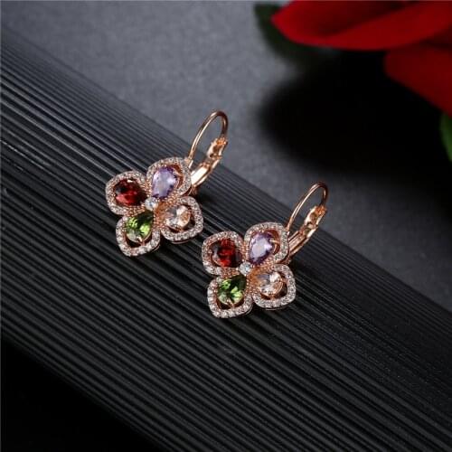 FYM Fashion Rose Gold Color Flower Shape Cubic Zircon Wedding Hoop Earrings Crystal Earring For Women Party Bijoux Jewelry