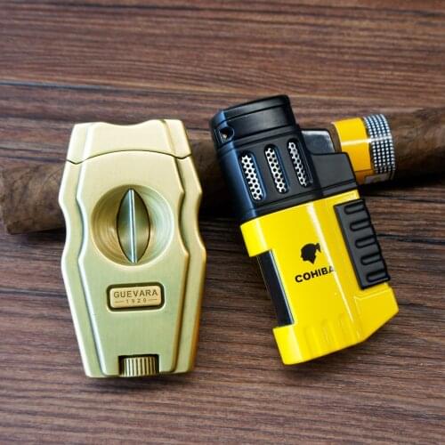 Guevara 4 Jet Torch Cigar Lighter Cigar Cutter Windproof Flame Butane Torch Refillable Lighters Cigar Accessories Kit