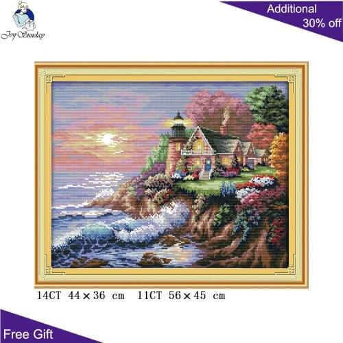 Joy Sunday Seaside Lighthous Embroidery F682(1) 14CT11CT Counted and Stamped Home Decor The Seaside Lighthouse Cross Stitch Kits