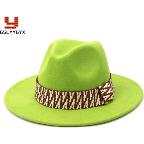 Autumn Winter British Classical Men Women New Jazz Panama Solid Woolen Feodra Hat Flat Wide Brim Green Red Black Pink White Hat