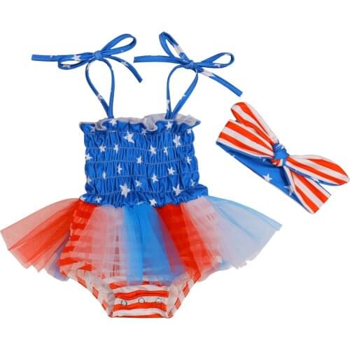 2021-04-26 Lioraitiin 2Pcs Set 0-24M Infant Baby Girl Independence Day Clothing Sleeveless Stars Print Bodysuit Patchwork Dress