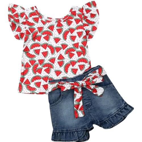Summer Kid Girls Clothes Set Watermelon Toddler Girls Costumes Ruffles T shirt + Bow Denim Short Outfit Holiday Beach Clothes