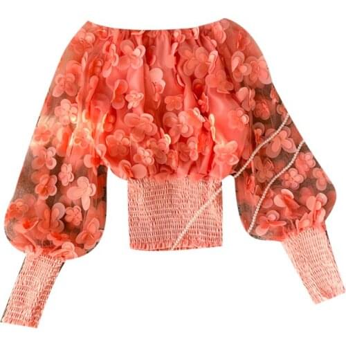 Fashion Sexy Chiffon Blouse 3D Flower Puff Sleeve Women Sweet Shirt 2021 Korean See Through Mesh Top Street Style Blusas