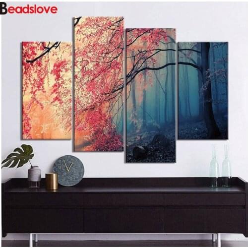 Full Square Round Drill 5D DIY Diamond Painting 4 Pieces red tree 3D Embroidery Cross Stitch kits Home Decor gift