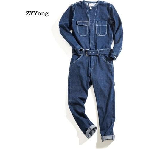 Retro Man Jeans Jumpsuits Bib Overalls Loose Straight Multi-Pocket Streetwear Denim Cargo Trousers Fashion Leisure Freight Pants