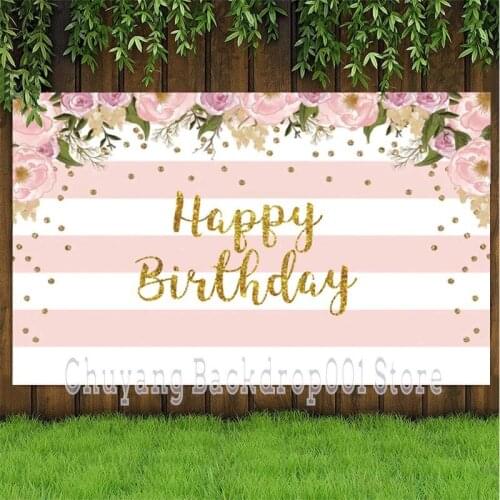 Pink Happy Birthday Photo Backdrop Party Flower Glitter Photography Background Lady Men Shining Banner Kids Photocall Gift Decor