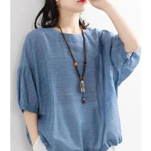 Tops Half Sleeve Short-sleeved T-shirt Womens Summer New Fashion Loose Large Size Fat Girl Cotton Linen Casual Half-sleeved Top