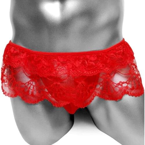 Sissy Dress Panties Floral Lace See Through Thong Men Bulge Pouch Underwear Soft Low Rise Male Dressed Underpants Sexy Lingerie
