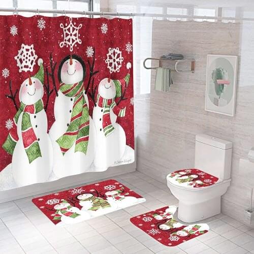 Happy New Year Christmas Shower Curtain Snowflake Lovely Snowman Bathroom Curtains Anti-slip Bath Mat Set Toilet Seat Cover