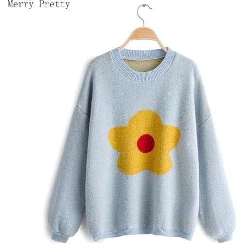 Merry Pretty Preppy Style Sunflower Sweaters Women Autumn Sweet Chic Winter Wear Knitted Pullovers Elasticity Loose Warm Tops