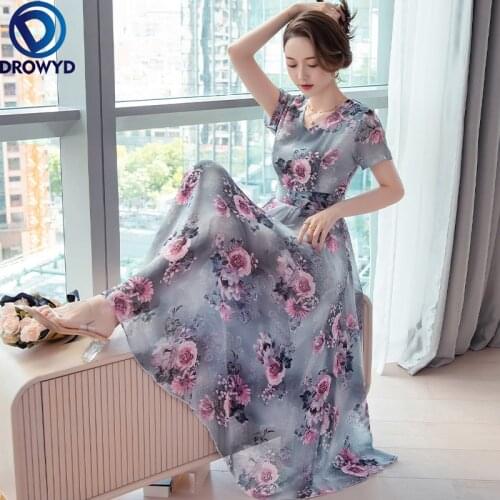 2021 Summer Boho Beach Maxi Dress for Women V-neck Floral Printed Short Sleeve Dress Women Chiffon Long Dresses Party Vestidos