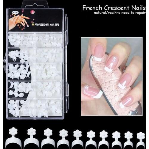 100/500pcs/box Acrylic French Nail Tips Fake Nails White Crescent Shape Half Cover Artificial False Nails Manicure Salon Tools