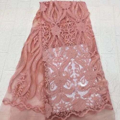 2021 Peach Latest African Lace Fabric High Quality French Mesh Embroidery Sequined Tulle Lace Fabric, Nigeria Party Wear D4504