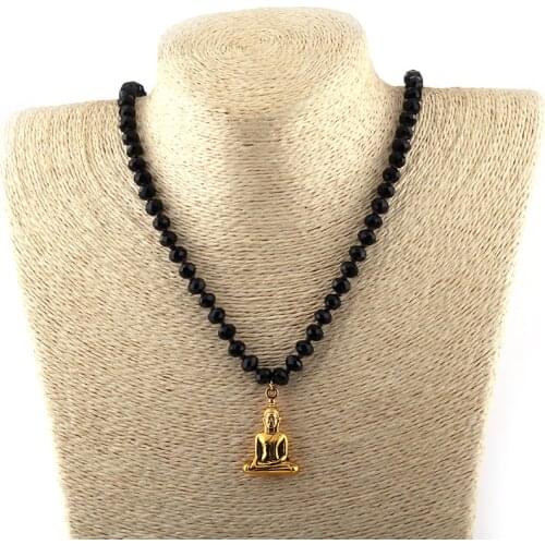 Free Shipping Fashion Black Long Crystal Glass Knotted Buddha Pendant Necklaces For Women Ethnic Necklace