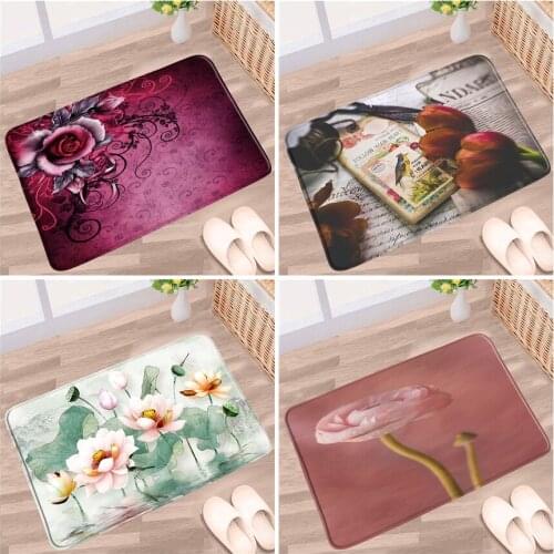 Flower Bath Mat Tulip Vintage Rose Flower Plant Floral Pattern Anti-slip Rug Flannel Home Decor Bathroom Kitchen Entrance Carpet