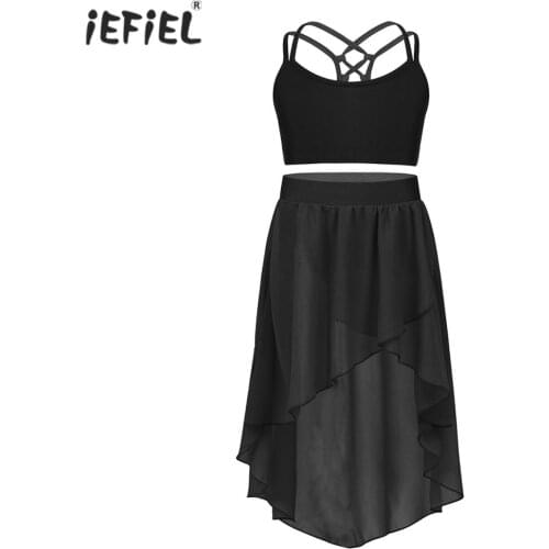 Kids Clothes Girls Criss Cross Back Tanks Crop Tops Chiffon Skirt 2pcs Outfit Set Children Clothing Lyrical Ballet Dance Costume