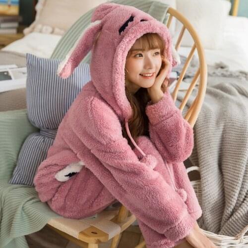 Pink Sleepwear Women Thick Flannel Warm Female Winter Pajama Set Long Sleeve Full Trousers Two Piece Pajamas Animal Cartoon Cat