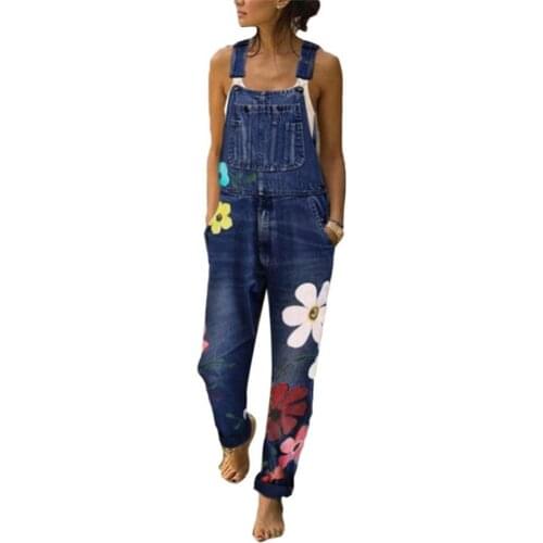 Women denim Jumpsuit with Pockets Floral Print Pockets Washable Denim Overall Jumpsuit Suspender Trousers 2021 New Women Jeans