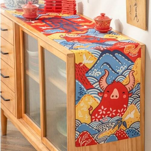 DUNXDECO Table Runner Party Dinner Tablecloth Joy Chinese Traditional OX year Colorful Print Soft Waterproof Table Cover Fabric