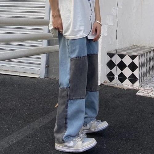 Street style ins street hip hop contrast stitching jeans high waist straight trousers loose wide-leg pants men and women trend