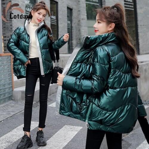 Cotday Cotton Thick Glossy 2020 New Winter Warm Korea Style All-match Slim Green Stand-up Collar Women Parkas Bread Overcoat